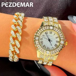 Horloges Luxe Vrouwen Iced Out Horloges Goud Zilver Kleur Cubaanse Ketting Armband Horloges Vol Strass Polshorloge Mannen Mode-sieraden 24319