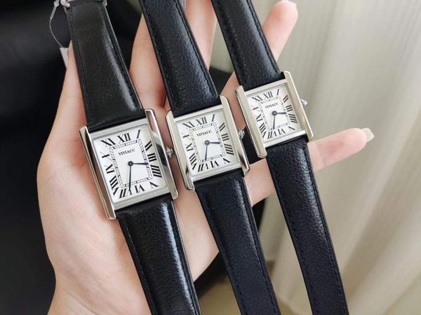 Montre-bracelets Luxury Femmes Men Nombres romains Sortie de bracelet Black Rectangle en cuir authentique Rectangle Zircon Quartz Française 24 27 31mm