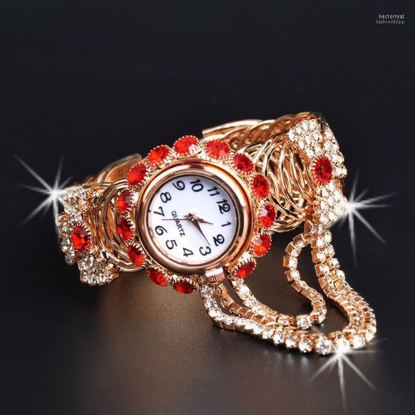 Montres-bracelets de luxe femmes strass gland cadran rond analogique Quartz ouvert Bracelet montre creux plein diamant Hect22