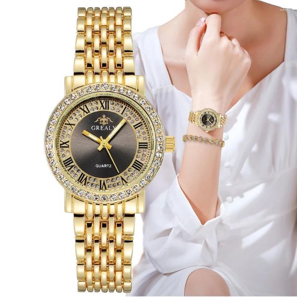 Relojes de pulsera Reloj de lujo para mujer Moda Roma Conjunto de diamantes Relojes para mujer Cuarzo Casual Reloj con correa de acero inoxidable dorado