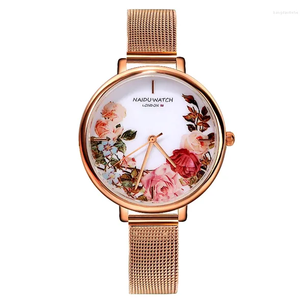 Relojes de pulsera Relojes de lujo para mujer Esfera grande Flor de cuarzo Reloj de pulsera de oro rosa Reloj Reloj Para Mujer Relogio