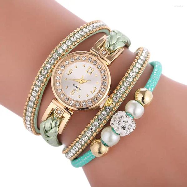 Relojes de pulsera Reloj de lujo para mujer Correa de cuero Diamante Cuarzo Envoltura alrededor Pulsera de moda Relojes de pulsera