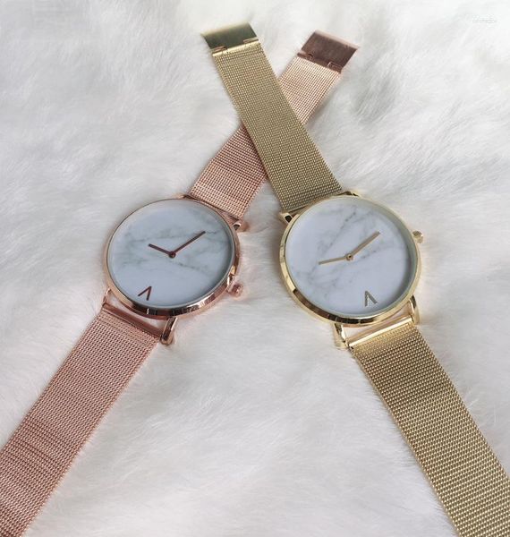 Relojes de pulsera de lujo para mujer, reloj con correa de malla, esfera de mármol, reloj de pulsera de cuarzo, relojes informales de acero inoxidable, reloj femenino Masculino