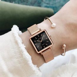 Polshorloges luxe vrouwen horloges Rose Gold Simple Magnetic Mesh Belt Band Watch Women's Fashion Square polshorloge Zegarek Zegarek