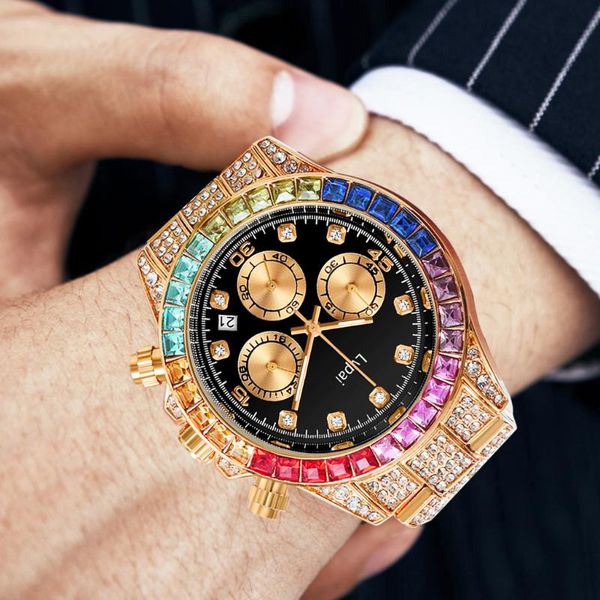 Montres-bracelets Montres à quartz de marque Lvpai avec micro pavé glacé pierres colorées zircone cubique en acier inoxydable horloge hip hop pour 231Z
