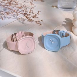 Relojes de pulsera Macaron Colors Minimalista Cuarzo Cuero Niñas Relojes Gran Dial Mujeres Moda Cuadrado Creativo Verano Reloj W9946 Relojes de pulsera