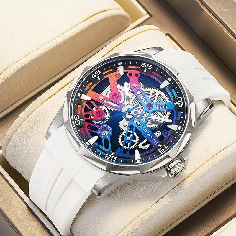 Wristwatches Mark Fairwhale Fashion Color Watch For Men Silicone Strap Waterproof Automatic Mechanical WristWatch Man 2023