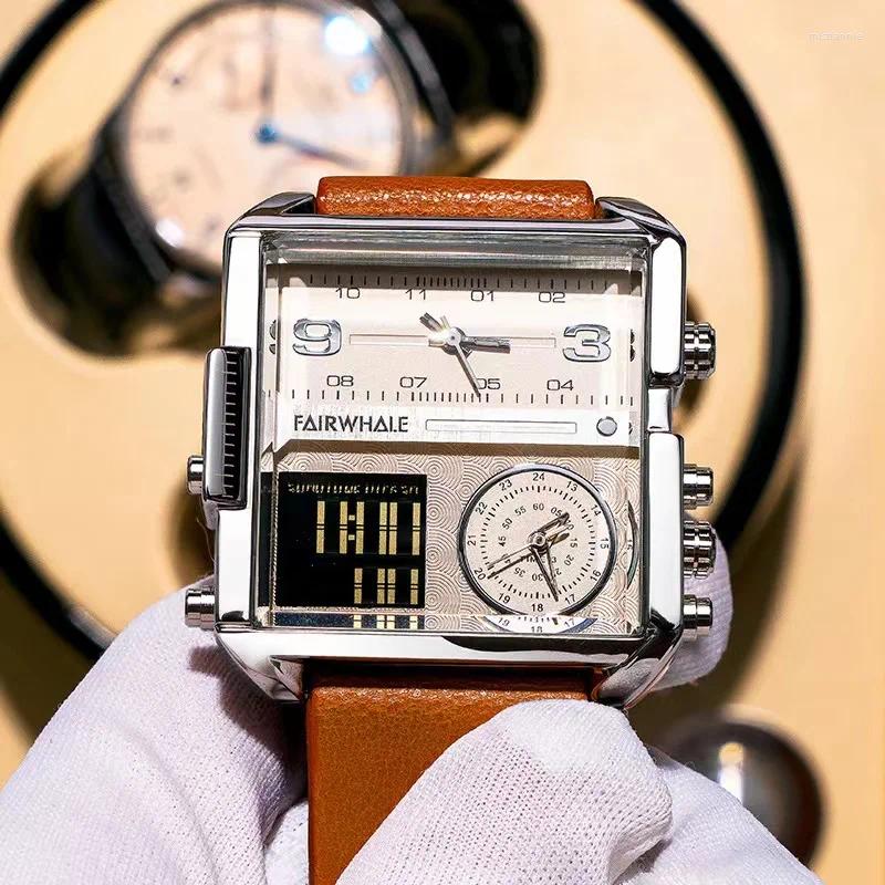 Wristwatches Mark Fairwhale Luxury Quartz Watches Men Fashion Brown Leather Strap Clock Military Waterproof Square Electronic WristWatch