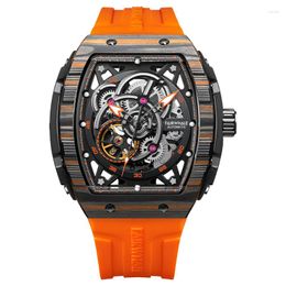 Relojes de pulsera Mark Fairwhale Hombres Reloj automático Lujo 47 mm Tonneau Reloj de pulsera mecánico Esqueleto Impermeable Luminoso Bisel de fibra de carbono