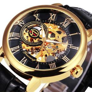 Montres-bracelets Mécanique Homme Or Montre Hommes Montres Top Marque De Luxe GAGNANT Horloge Mâle Squelette En Cuir Forsining 3d Gravure Creuse 230804