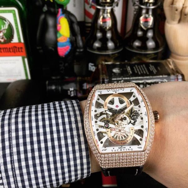 Relojes de pulsera Reloj mecánico para hombre Automático Oro rosa Diamantes Cuero marrón