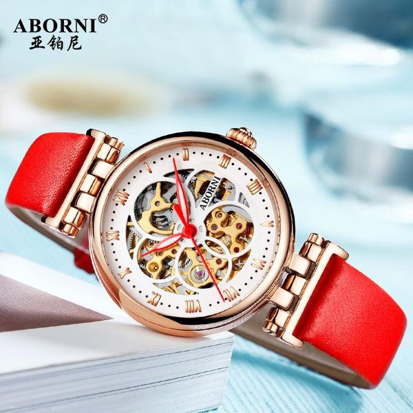 Relojes de pulsera Reloj mecánico Pulsera de mujer Reloj de pulsera automático Banda de acero inoxidable de cuero Reloj femenino Chic