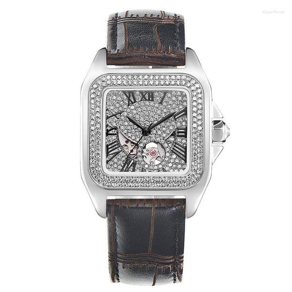 Relojes de pulsera Reloj mecánico Reloj de lujo para mujer Tendencia de gama alta Recorte de cuero cuadrado lleno de diamantes Correa Luz de diamante