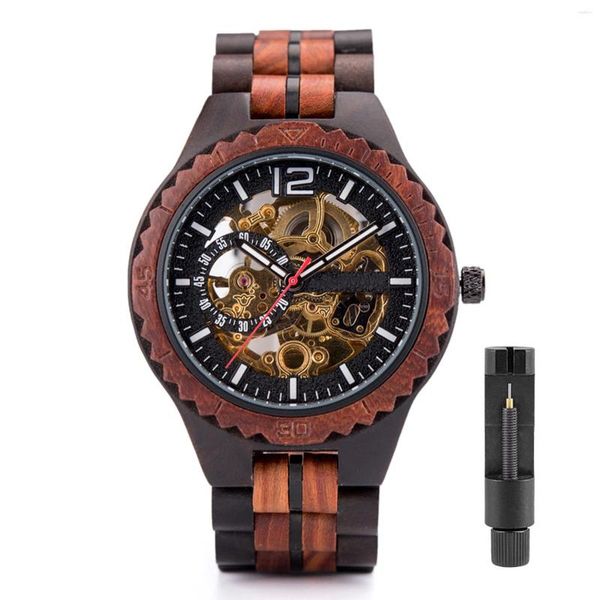 Relojes de madera mecánica para hombres para hombres Automático Auto-alero Skeleton Analógico de madera con banda y estuche transparente de bisel