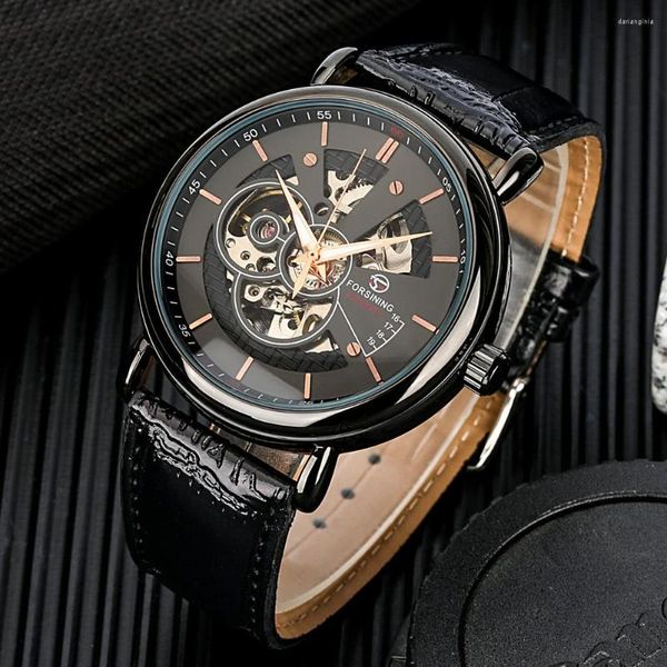 Montres-bracelets montre-bracelet mécanique pour hommes automatique en cuir cadran squelette noir montre de mode de luxe cadeau Reloj Mecanico