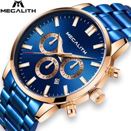 Polshorloges megalith chronograaf horloges heren topmodemerk waterdichte kwarts horloge klokkenloze band blauw relogio masculino