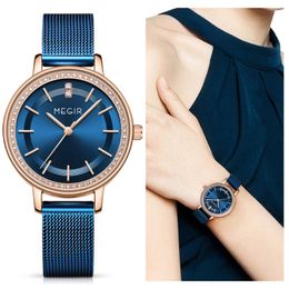 Montres-bracelets MEGIR 2023 montres de luxe pour femmes robe en acier inoxydable bleu avec mouvement japon-2035 Reloj Drop
