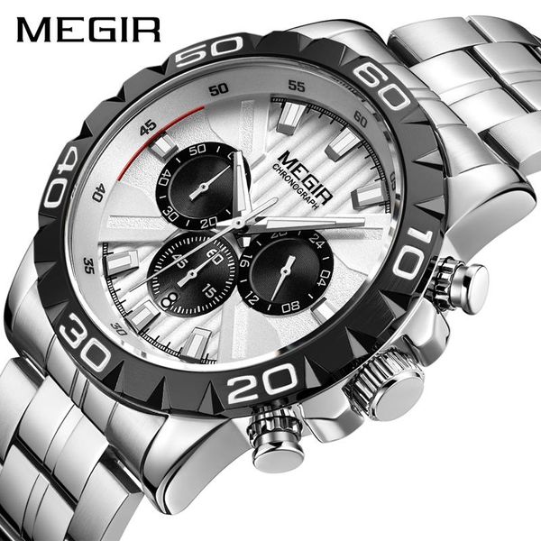 Montres-bracelets MEGIR 2023 Montres pour hommes Top en acier inoxydable étanche chronographe lumineux montre à quartz hommes horloge 24 heures Relogi