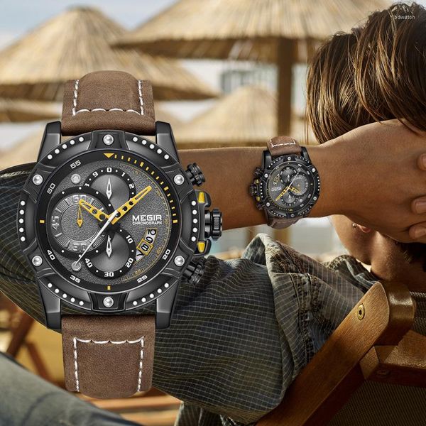 Montres-bracelets MEGIR 2130 mode hommes montre de luxe en cuir étanche chronographe Sport montre-bracelet décontracté Reloj Hombre affaires hommes