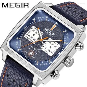 Montreuses-bracelets Megir 2182 Fashion Watch for Men Business Chronograph Leather Sport Militarywatch Luxury Luminous Clock Reloj Hombre