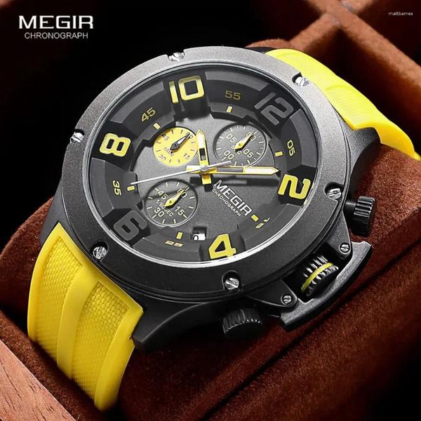 Montre-bracelets Megir Big Dial Sport Quartz Watch for Men Fashion Fashion Arageproof Chronograph Wrist Wrist with Date Silicone Strap Luminous Hands