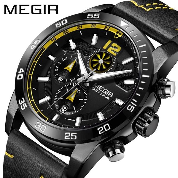 Montres-bracelets MEGIR noir luxe hommes montre-bracelet homme bracelet en cuir étanche chronographe sport hommes montres horloge heure Quartz