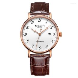 Polshorloges Megir Brand Men Watches Automatic Mechanical Watch Tourbillon Sport Clock Leather Casual Business Retro PolsWatch Relojes