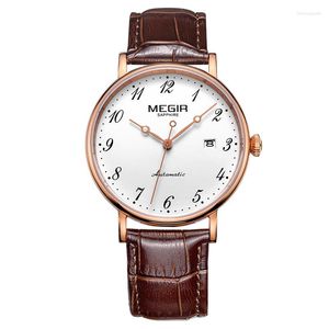 Polshorloges Megir Brand Men Watches Automatic Mechanical Watch Tourbillon Sport Clock Leather Casual Business Retro PolsWatch Relojes