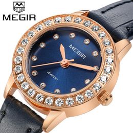 Polshorloges megir merk originele vrouwen kijken bling kleine band vrouwelijke pols horloges rosé goud volle diamant kristal elegante klok