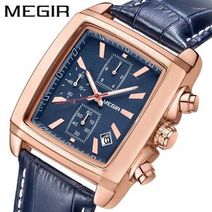 Polshorloges Megir Business Men Chronograph Polshipwatch Casual Top Brand Militaire horloges rechthoekzer Quartz Leather Male Sport Watch 2028