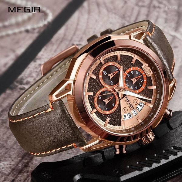 Montres-bracelets MEGIR Creative Chronographe Hommes Sport Relogio Masculino Mode Cuir Quartz Montre Homme Date Horloge Heure Armée Militaire