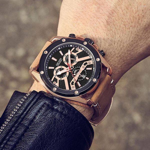 Relojes de pulsera MEGIR Marca de moda Deportes Cuarzo Hombres Relojes Correa de cuero Cronógrafo militar Reloj de pulsera impermeable Relogios Masculino Reloj