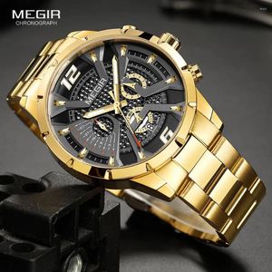 Montre-bracelets Megir Gold Robe Quartz Watch for Men Fashion Fashion Imperproof Chronograph Analog Wrist Wrist with Auto Date Luminous Hands Steel