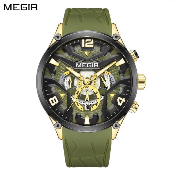 Montre-bracelets Megir Green Vintage Men Regardez Top Chronograph Silicone Band imperméable Luminous Sport Quartz Quartz Horloge de date de bracelet