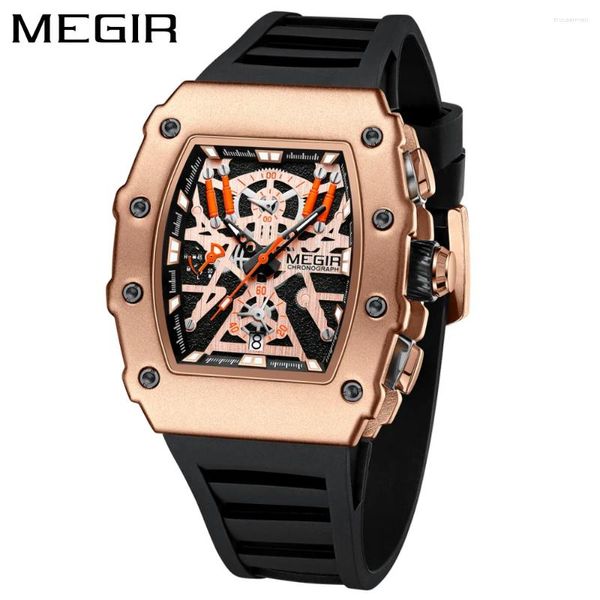 Montre-bracelets Megir Luxury Sports Quartz pour hommes Colorful fonctionnel Tonneau Dial Silicone Band Type Chronograph Watch with Date