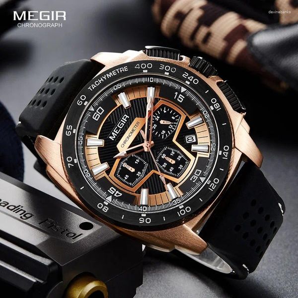 Montre-bracelets Megir Males Mens Chronograph Sport Watches with Quartz Mouvement Rubber Band Luminal Wristwatch pour Man Boys 2056G-1N0