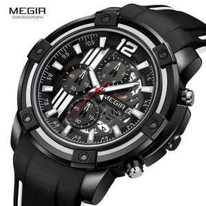 Montres-bracelets Megir Montres à quartz de sport pour hommes Bracelet en silicone Chronographe de l'armée 3ATM Montre-bracelet étanche pour homme Horloge Relogios 2097 Noir