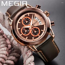 Montres-bracelets MEGIR hommes montre haut chronographe militaire Sport montre-bracelet en cuir véritable Quartz mâle horloge Relogio Masculino 2071