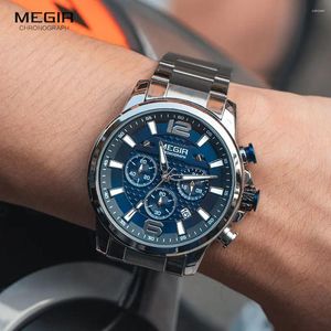 Montre-bracelets Megir Men Watches 2024 Chronographe en acier inoxydable de luxe Quartz Top Brand Affiche de sport lumineux Affiche Homme de poignet