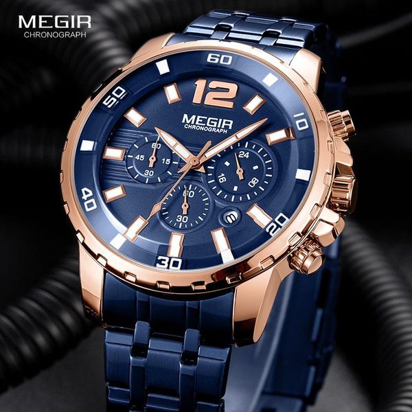 Montres-bracelets Megir hommes montres haut de gamme Sport étanche chronographe mâle en acier inoxydable montre-bracelet Relogio Masculino