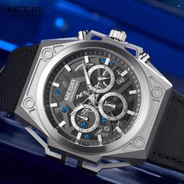 Montres-bracelets MEGIR montres de sport militaires hommes 2023 bracelet en cuir chronographe montre à Quartz homme mode montre-bracelet étanche