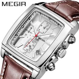 Montre-bracelets Megir Original Mens Top Top Luxury Rectangular Quartz Military Imperproof Luminous Leather Watch Mens Watch Q240426