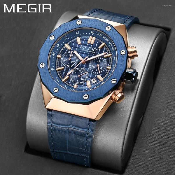 Montre-bracelets Megir Polygon Case Chronograph Quartz Watch for Men Fashion Casual Business Mas Gift With Auto Date