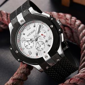 MEGIR quartz horloge heren casual 3D gegraveerde wijzerplaat zwarte siliconen horloges 3ATM waterbestendig chronograaf heren Wr235w