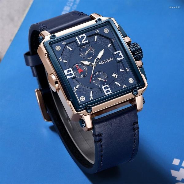 Montres-bracelets Megir Rectangle Montres pour hommes Quartz Montre d'affaires de luxe Horloge Mains lumineuses étanche Relogio Masculino
