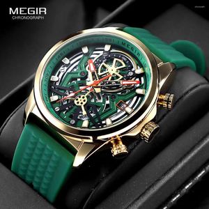 Muñecos de pulsera Megir Sport Quartz Watch Mods Fashion Waterproof Cronograph Wall Wristwatch With Date Olive Green Silicone Strap Luminous Hands 2235