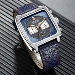 Montre-bracelets Megir Square Calan Chronograph Quartz Watches for Men Fashion Blue Leather Sport Casual Sport Wrist Wrist with Date 24hour 2182 230724