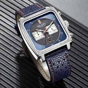 Montres-bracelets MEGIR cadran carré chronographe montres à quartz pour hommes mode bracelet en cuir bleu montre-bracelet de sport décontractée avec date 24 heures 2182 230724