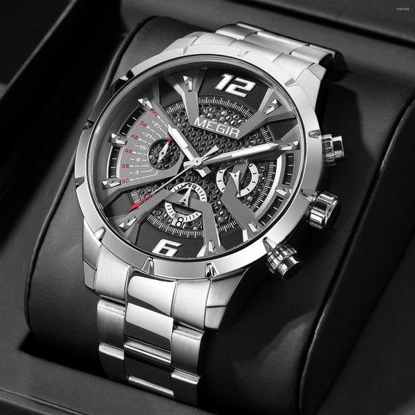 Montres-bracelets MEGIR montre en acier inoxydable pour hommes affaires de luxe décontracté Quartz Date horloge chronographe grand cadran montre-bracelet Reloj Hombre