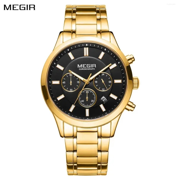 Montres-bracelets Megir Top Mens Watches Band en acier inoxydable Chronograph Gold Black Quartz Wristwatch Big Down Luminous Montre